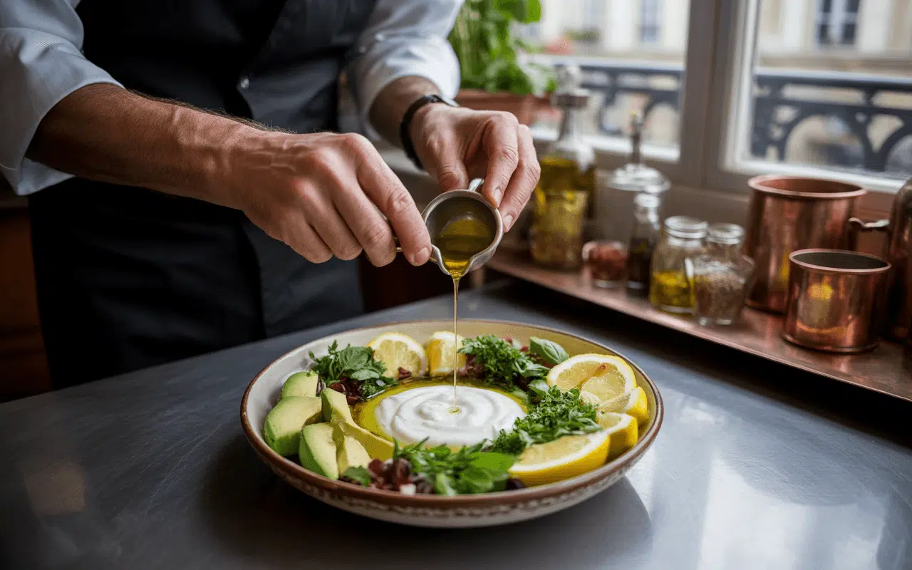 Un chef arrose une assiette de yogourt avec de l'huile d'olive, garnie d'avocat, de citron et d'herbes fraîches.
