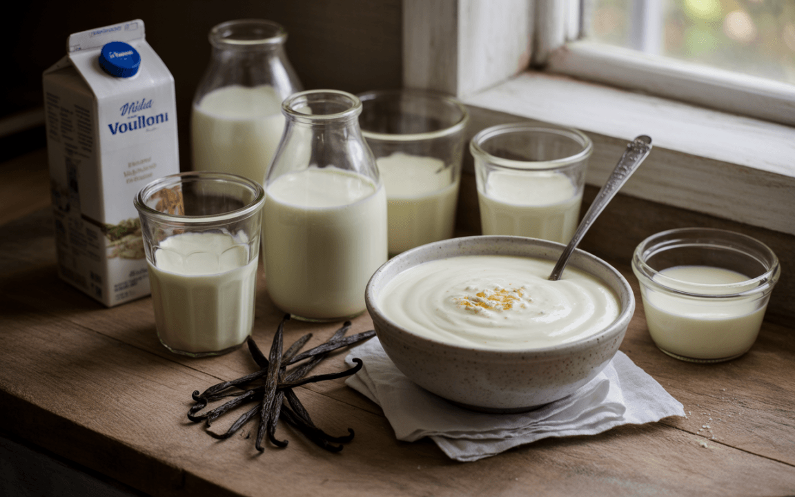 Bol de yaourt crémeux avec des gousses de vanille, entouré de bouteilles et verres de lait sur une table en bois.