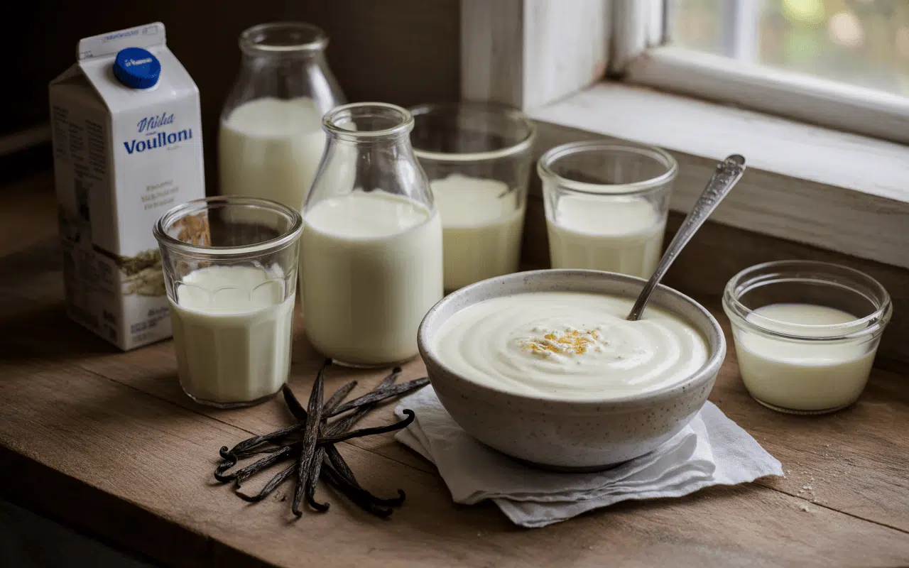 Bol de yaourt crémeux avec des gousses de vanille, entouré de bouteilles et verres de lait sur une table en bois.
