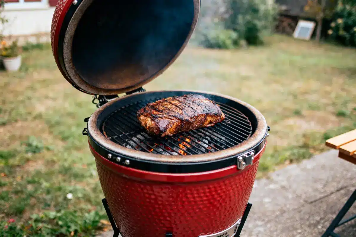 Viande grillée sur barbecue rouge en plein air, couvercle ouvert, jardin verdoyant en arrière-plan.