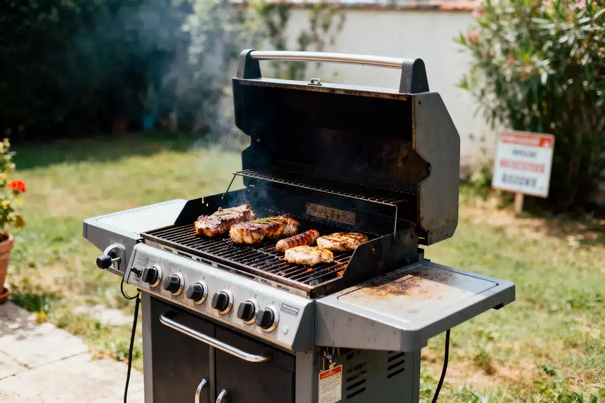 Barbecue en plein air avec steaks grillés sur une grille dans un jardin ensoleillé.