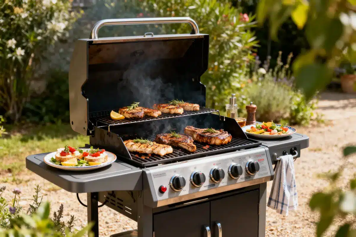 Barbecue en plein air avec grillades de viande et accompagnements sur assiettes, dans un jardin ensoleillé.