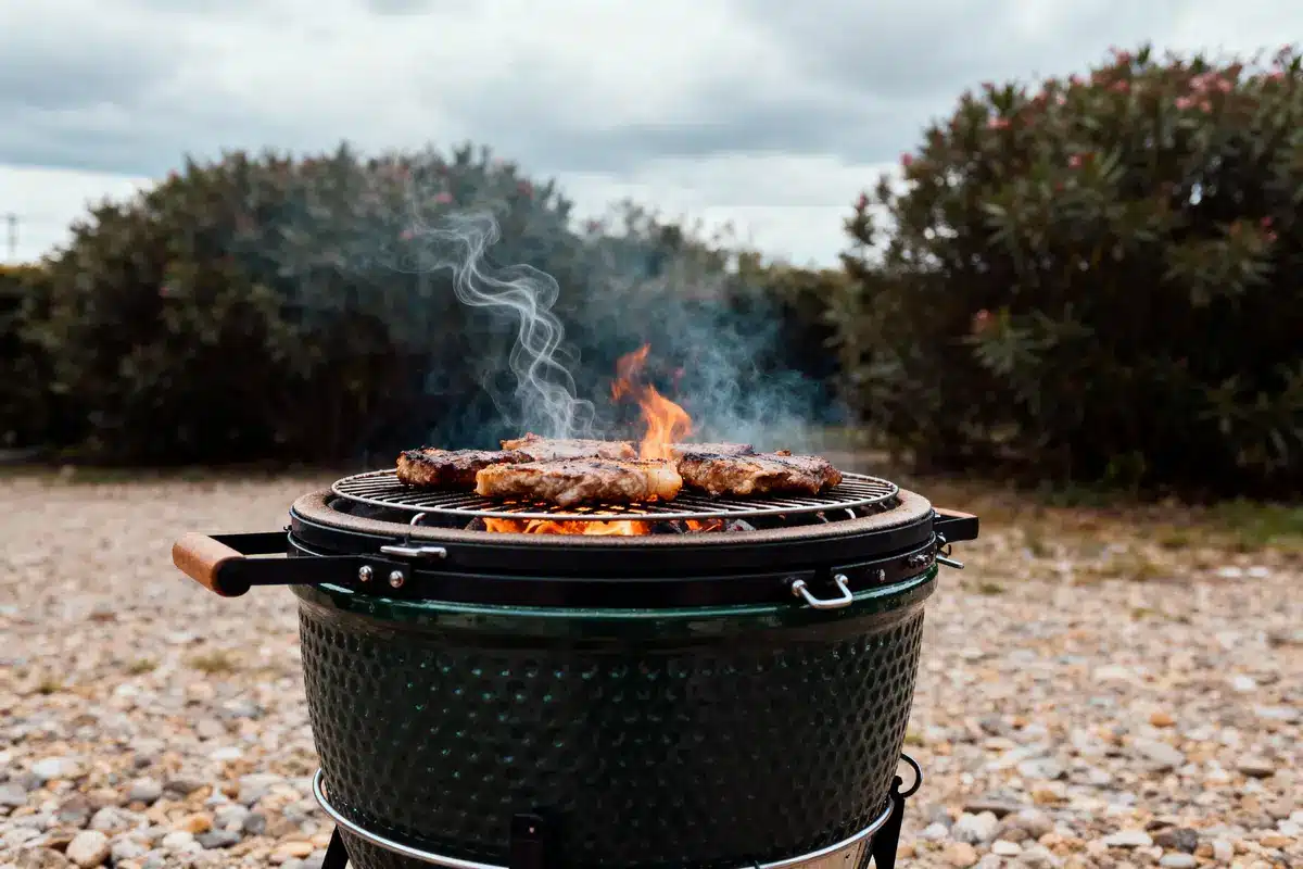 Barbecue dans un jardin, viande grillant sur feu, fumée s'élevant, journée nuageuse en plein air.