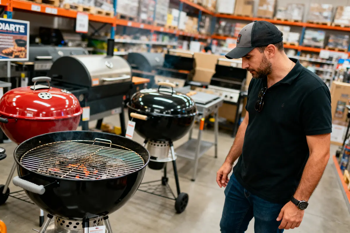 Homme examinant des barbecues dans un magasin, entouré de modèles rouges et noirs. Environnement commercial intérieur.