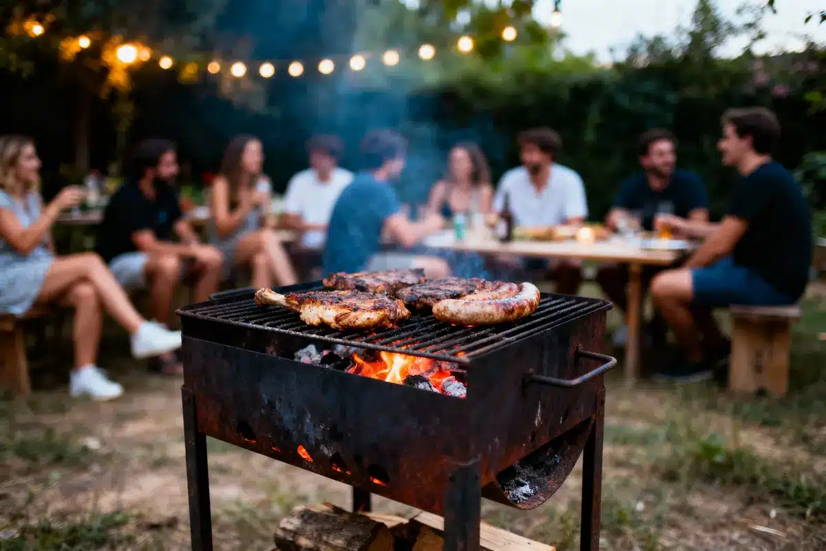 Barbecue en extérieur avec grillades, personnes assises autour d'une table, guirlandes lumineuses en arrière-plan.