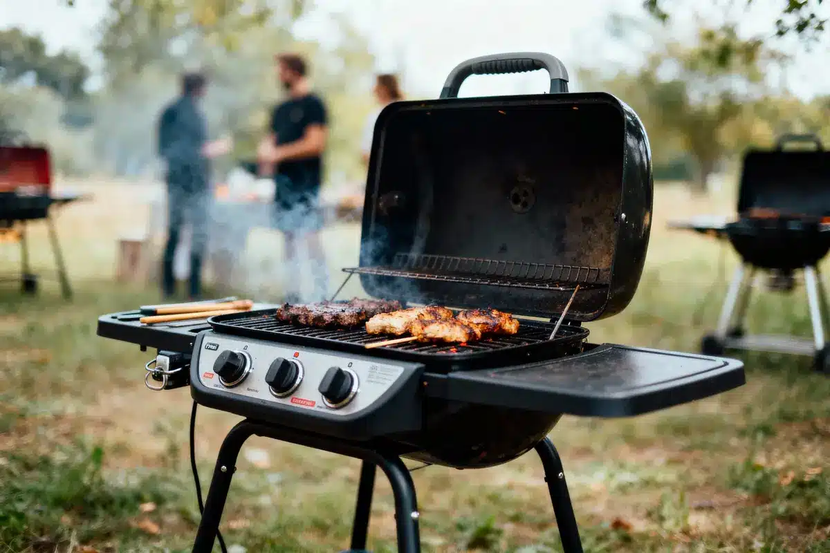 Barbecue en plein air avec viandes grillées, deux personnes en arrière-plan discutent.