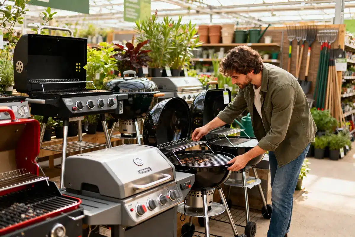 Homme examinant des barbecues dans un magasin de jardinage, entouré de plantes et d'outils de jardinage.