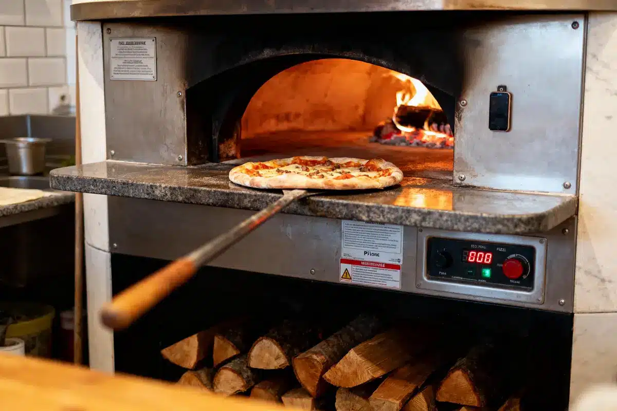 Pizza cuisant dans un four à bois traditionnel, avec feu vif et thermostat affichant 80 degrés.