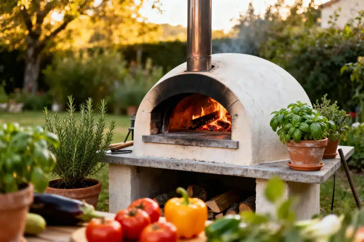 Four à pizza en plein air, feu allumé, herbes aromatiques en pots, légumes frais, jardin verdoyant, ambiance chaleureuse.