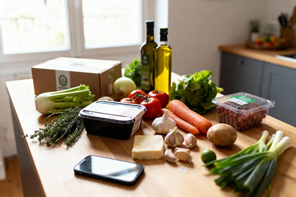 Ingrédients frais sur une table en bois : légumes, huile, smartphone, emballages alimentaires. Cuisine en arrière-plan.