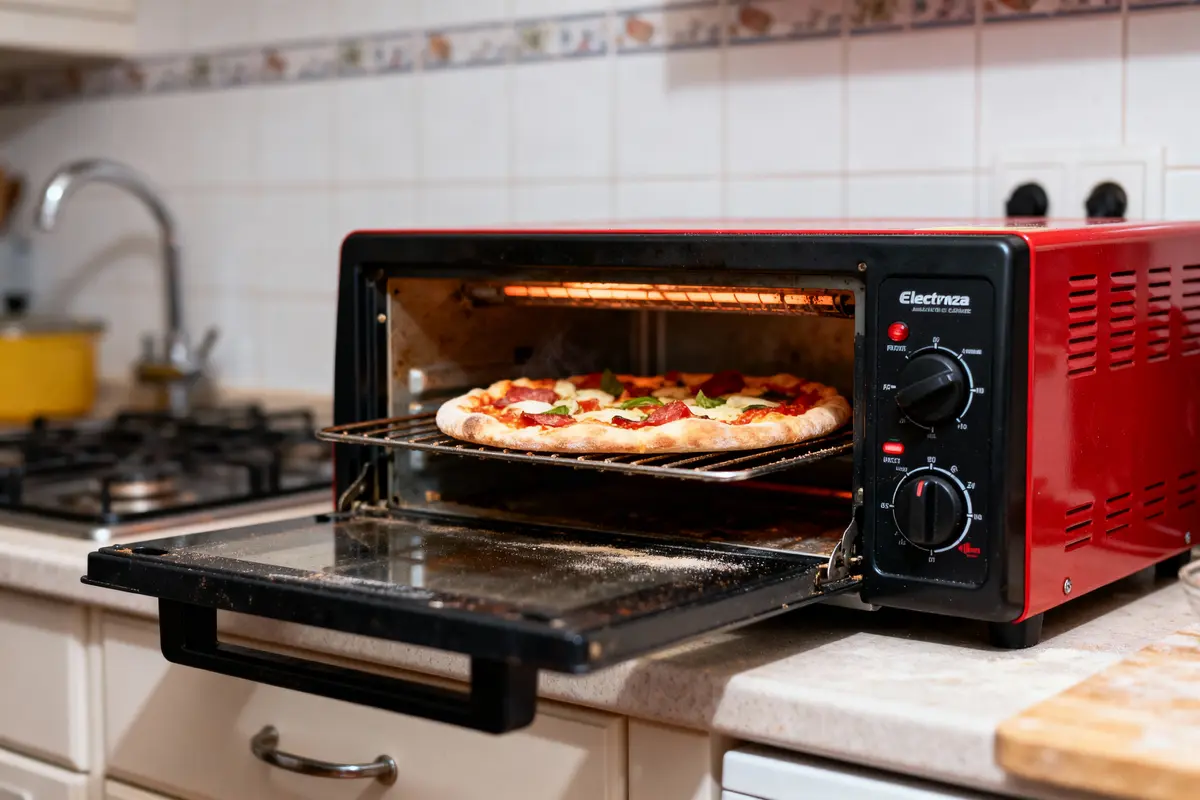 Un four rouge avec une pizza cuisant à l'intérieur, dans une cuisine moderne.