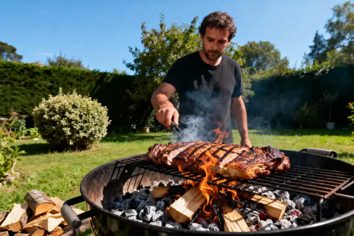 Homme grillant une grande pièce de viande sur barbecue extérieur, fumée et flammes visibles, journée ensoleillée.