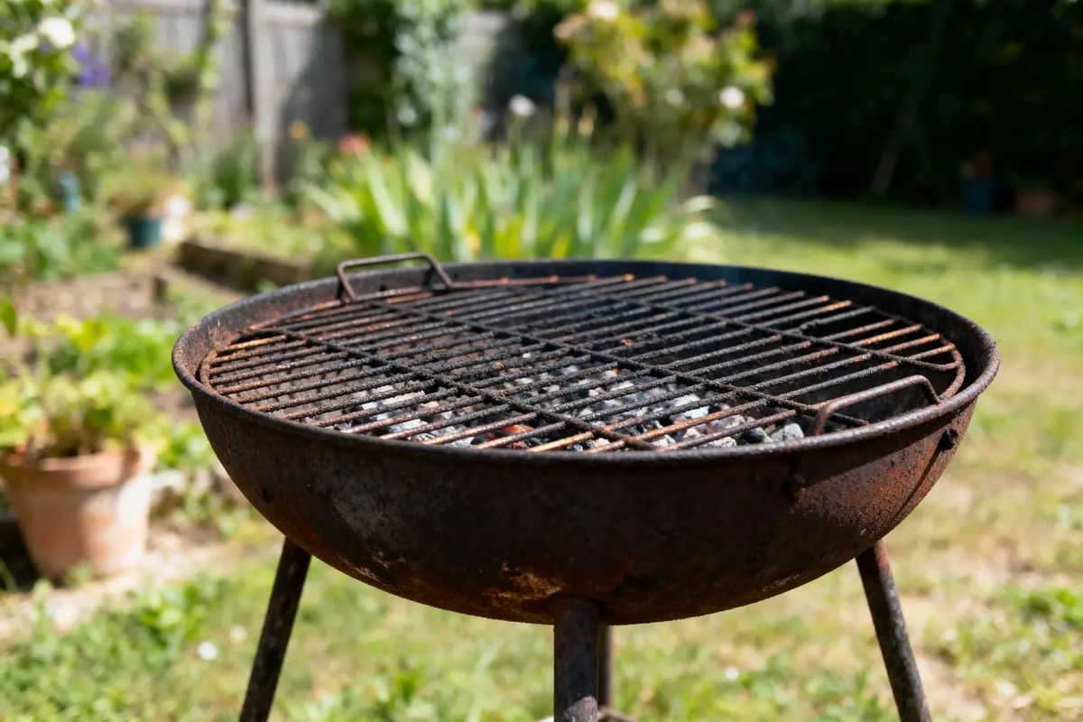 Barbecue en métal rouillé dans un jardin verdoyant sous un ciel ensoleillé.