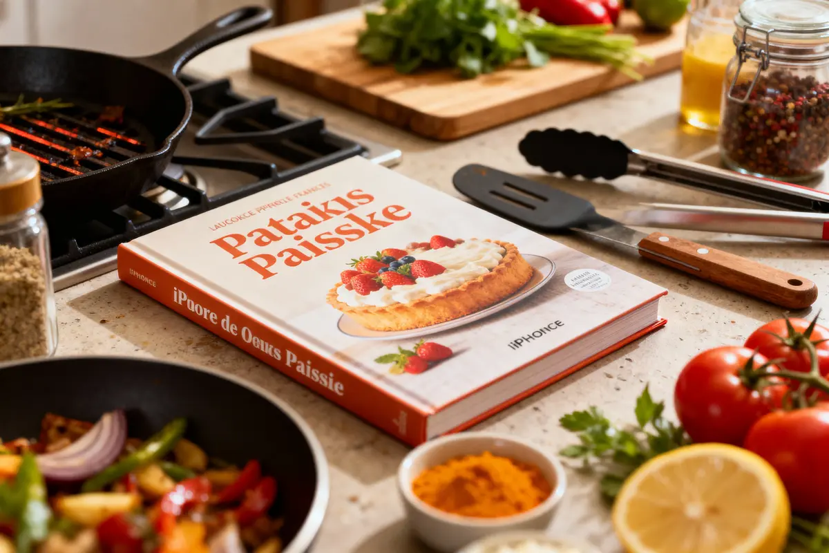 Livre de cuisine sur table de cuisine avec ingrédients frais, épices et ustensiles autour.