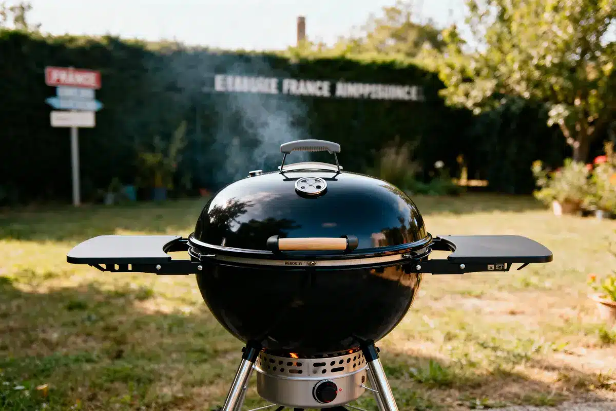 Barbecue rond noir fumant dans un jardin ensoleillé avec fond de verdure et pancartes.