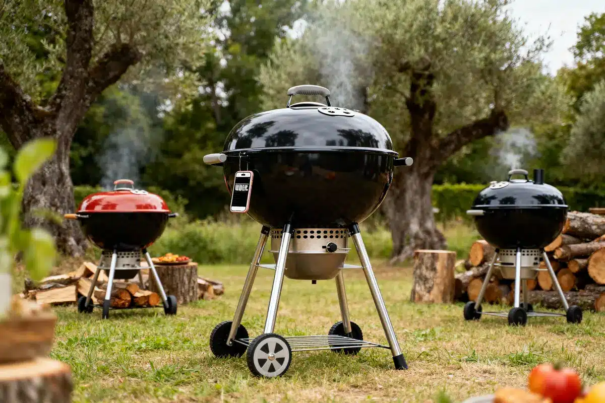 Trois barbecues à charbon fumants dans un jardin, entourés d'arbres et de bûches empilées.