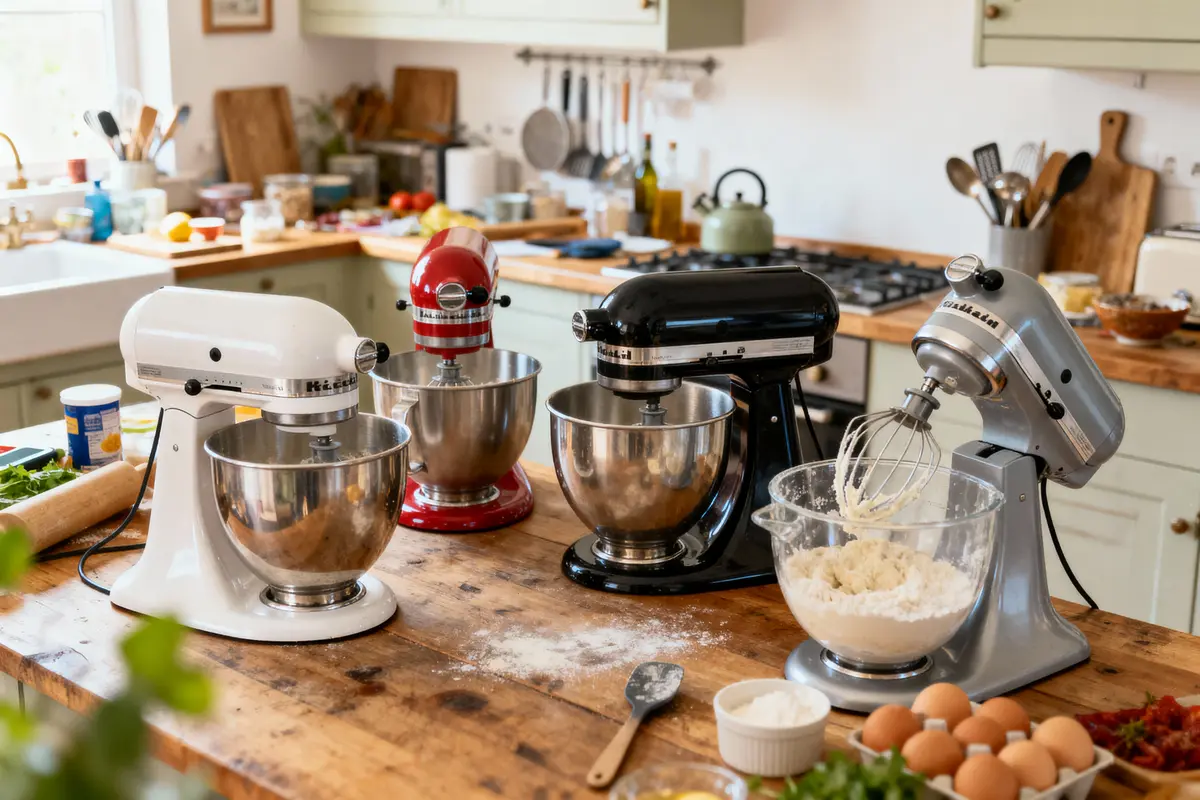 Quatre batteurs sur table en bois dans une cuisine avec ingrédients et ustensiles divers.