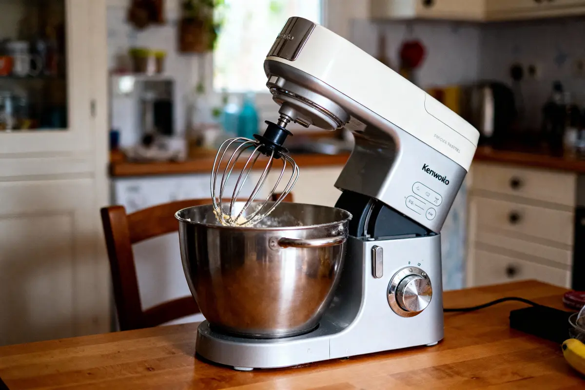 Robot culinaire argenté sur table en bois, avec bol en métal et fouet. Cuisine en arrière-plan.
