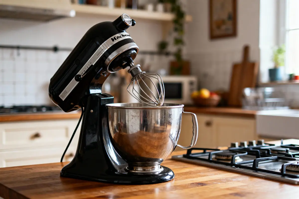Robot pâtissier noir sur comptoir en bois dans une cuisine lumineuse, avec des accessoires en arrière-plan.
