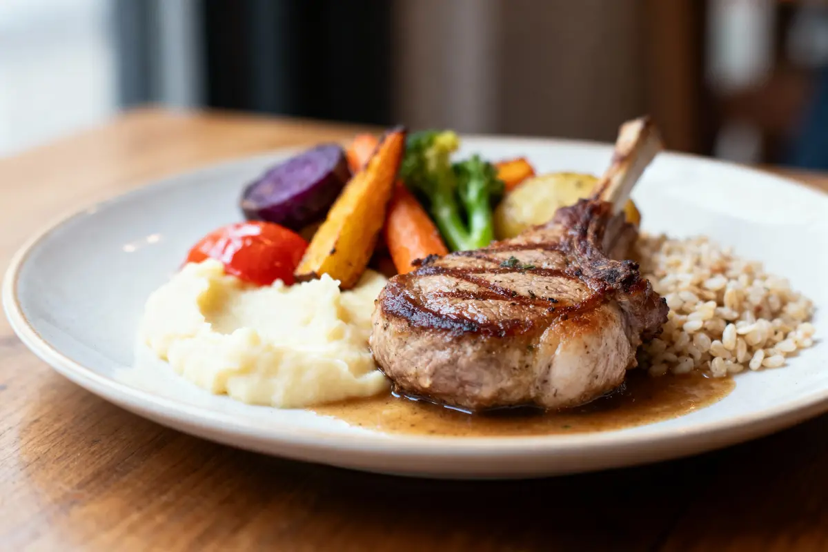 Assiette avec côte de porc grillée, purée, légumes variés, et céréales sur table en bois.
