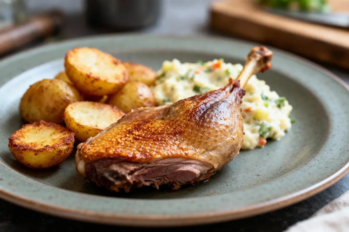Assiette de cuisse de canard rôti, pommes de terre sautées et purée aux légumes sur une table.