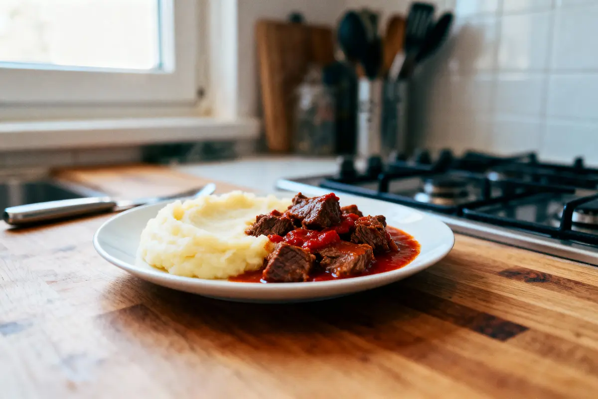 Assiette de purée de pommes de terre et ragoût de bœuf en sauce, cuisine en arrière-plan.