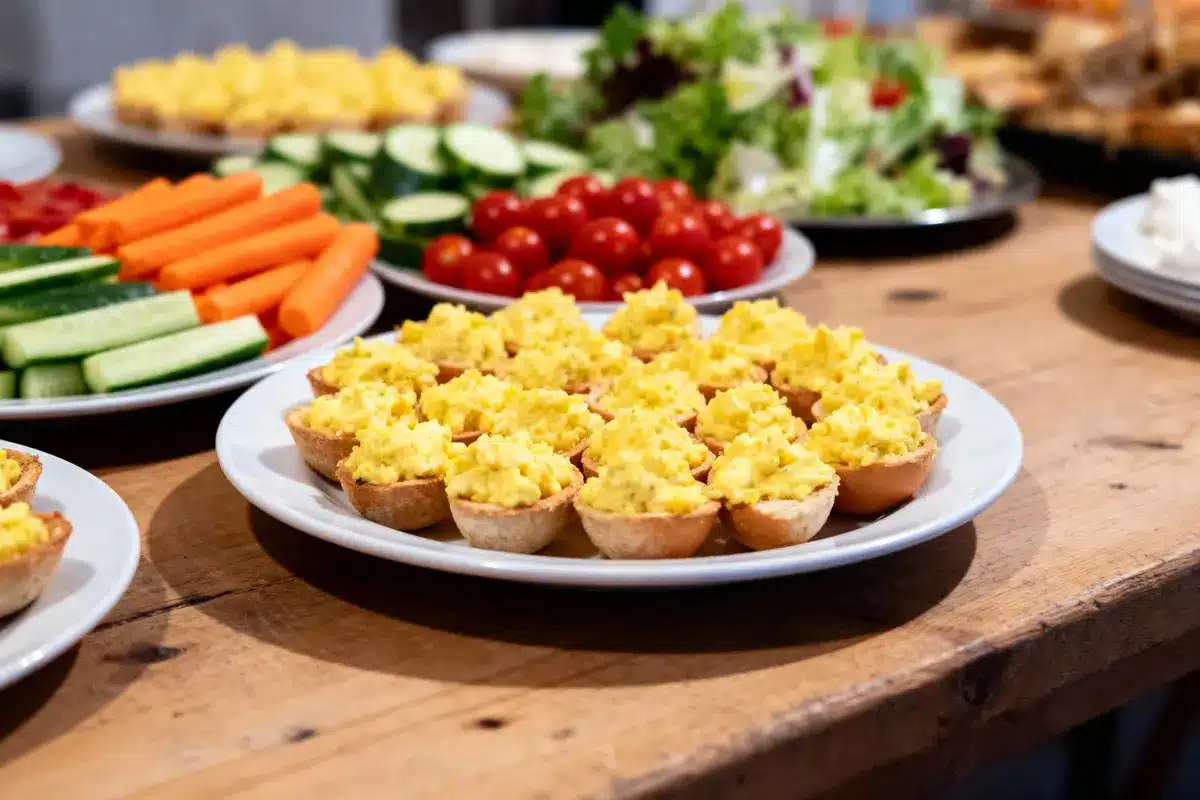Assortiment de canapés crémeux sur une table, entourés de légumes frais et de salades colorées.