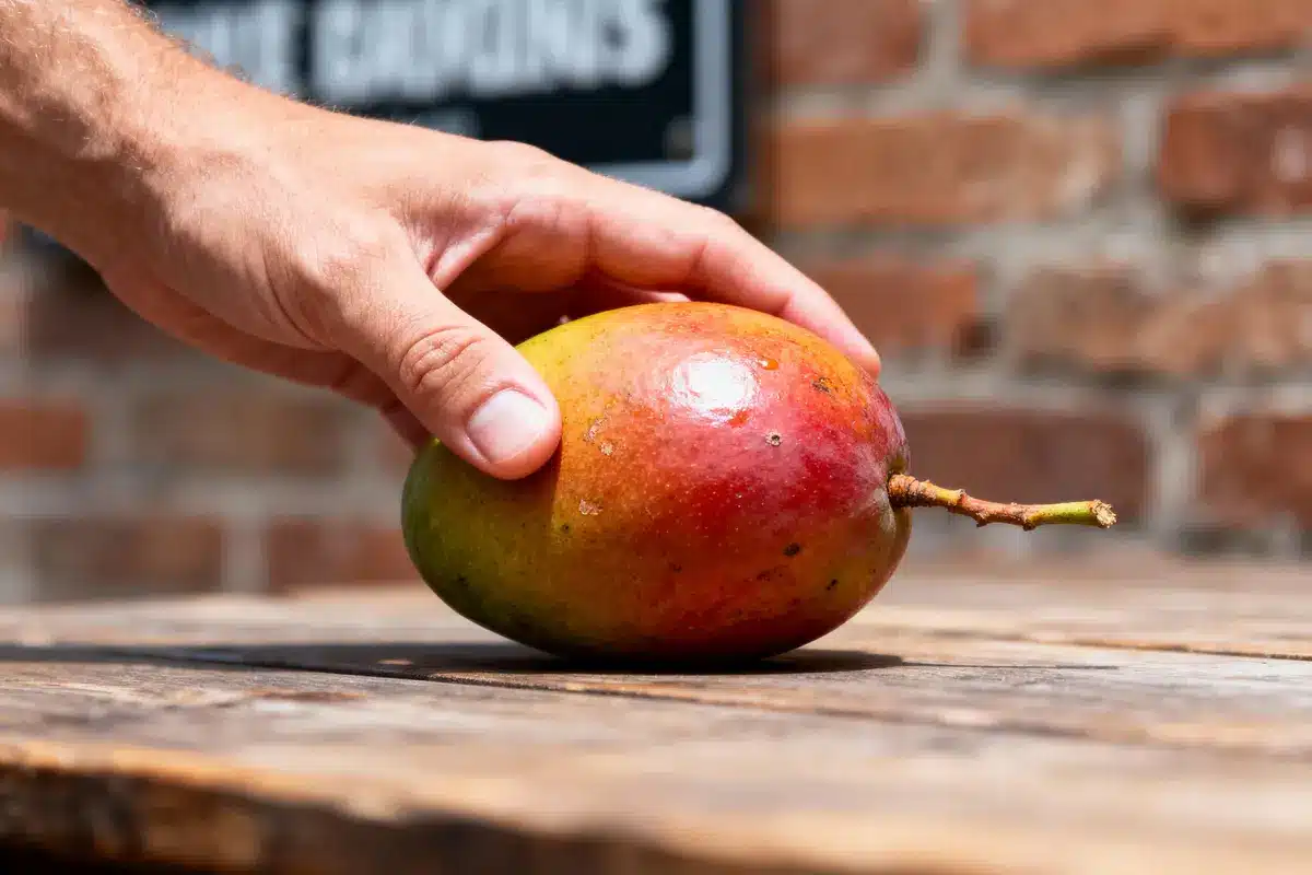 Main tenant une mangue colorée sur une table en bois, fond de mur en briques.