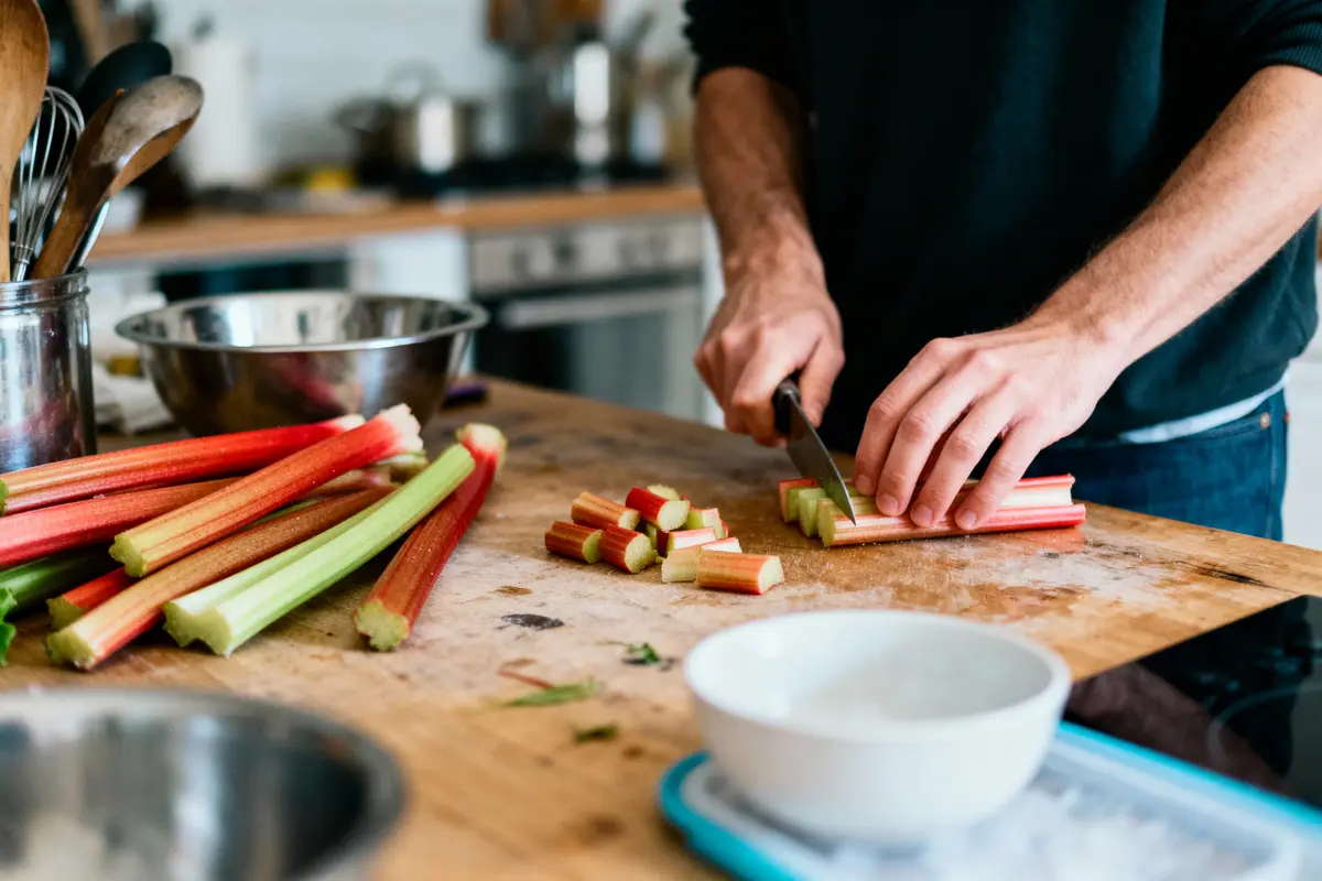 Personne découpant de la rhubarbe sur une planche à découper, avec bols en arrière-plan.