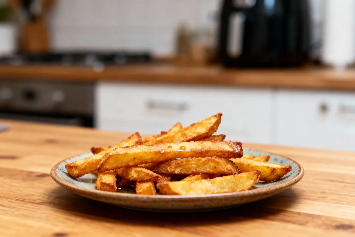 Assiette de frites dorées sur une table en bois, cuisine en arrière-plan.