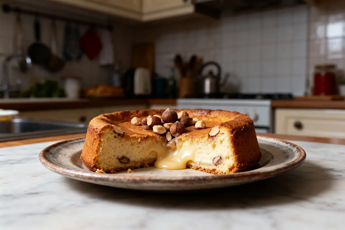 Gâteau au fromage crémeux avec noisettes sur une assiette en cuisine, plan de travail en marbre.