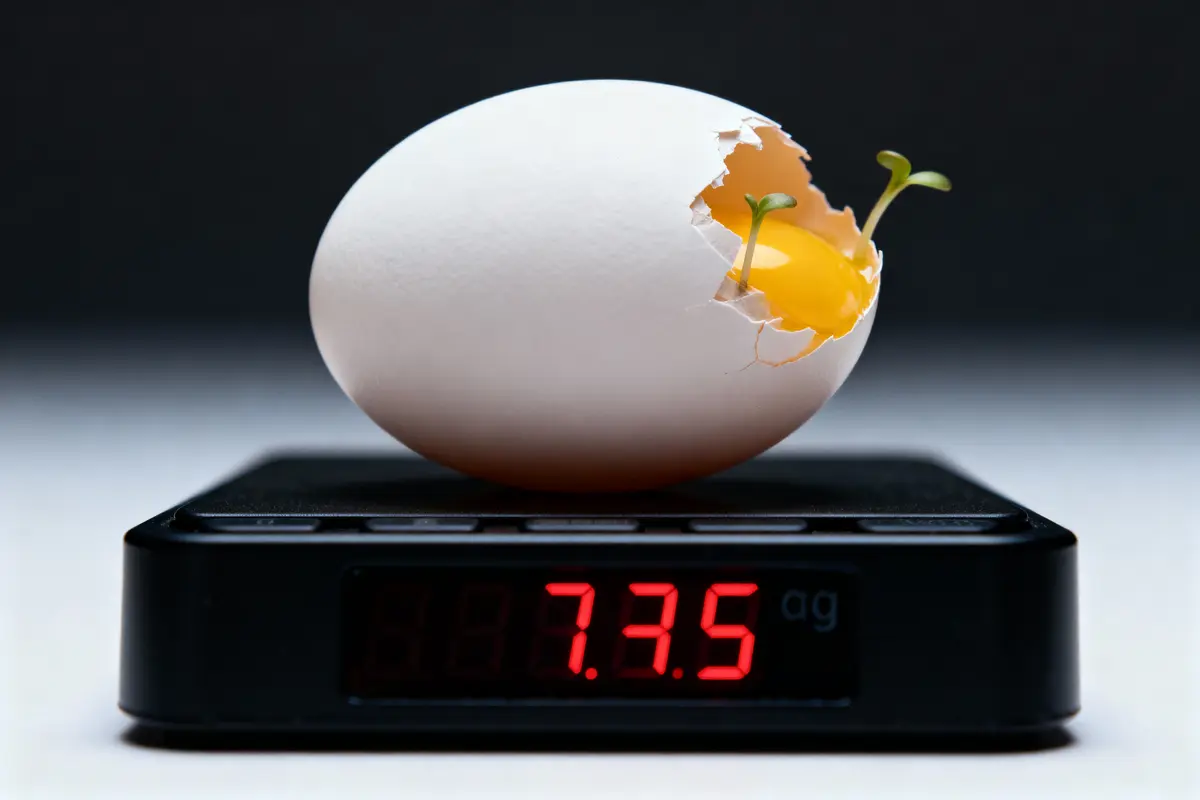 Oeuf cassé avec jaune et plantes germées, posé sur une balance affichant 7.3 grammes.
