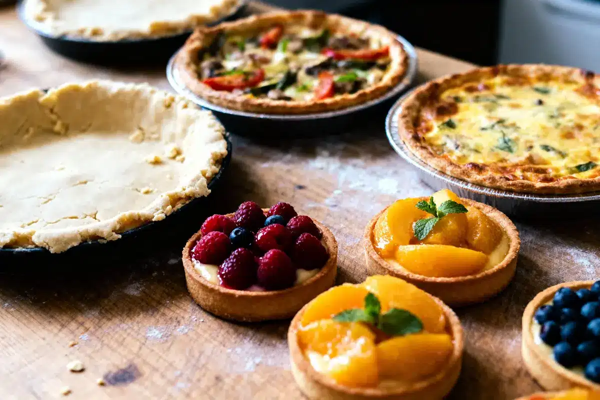 Assortiment de tartes incluant fruits rouges, pêches, myrtilles, quiches et pâte à tarte sur plan de travail en bois.