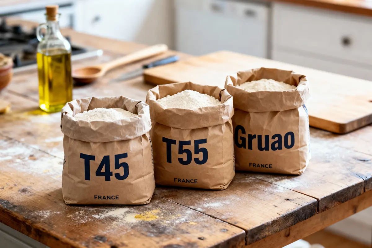 Trois sacs de farine (T45, T55, Gruao) sur une table en bois avec bouteille d'huile.