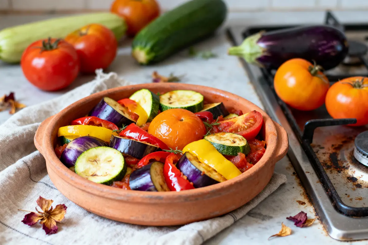 Plat de ratatouille colorée avec tomates, courgettes, aubergines et poivrons dans un plat en terre cuite.