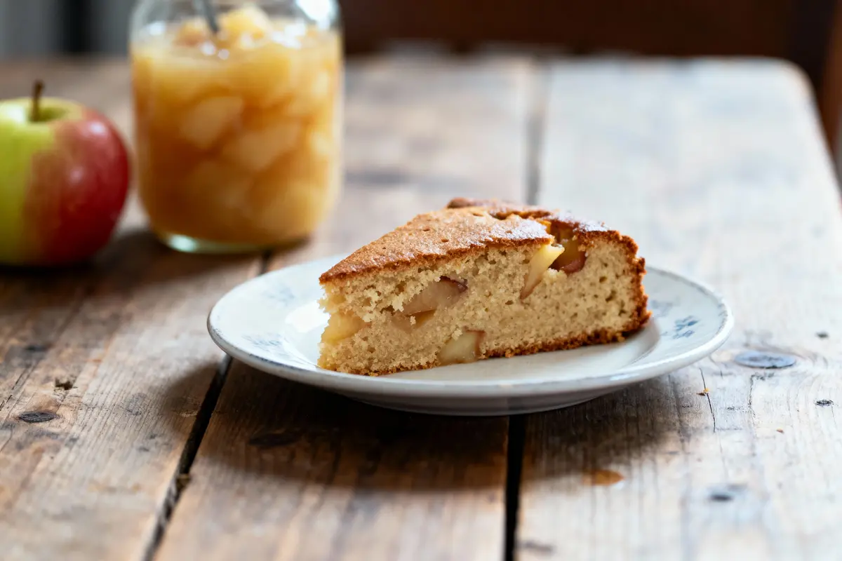 Part de gâteau aux pommes sur assiette, avec pomme et compote en arrière-plan, sur table en bois.