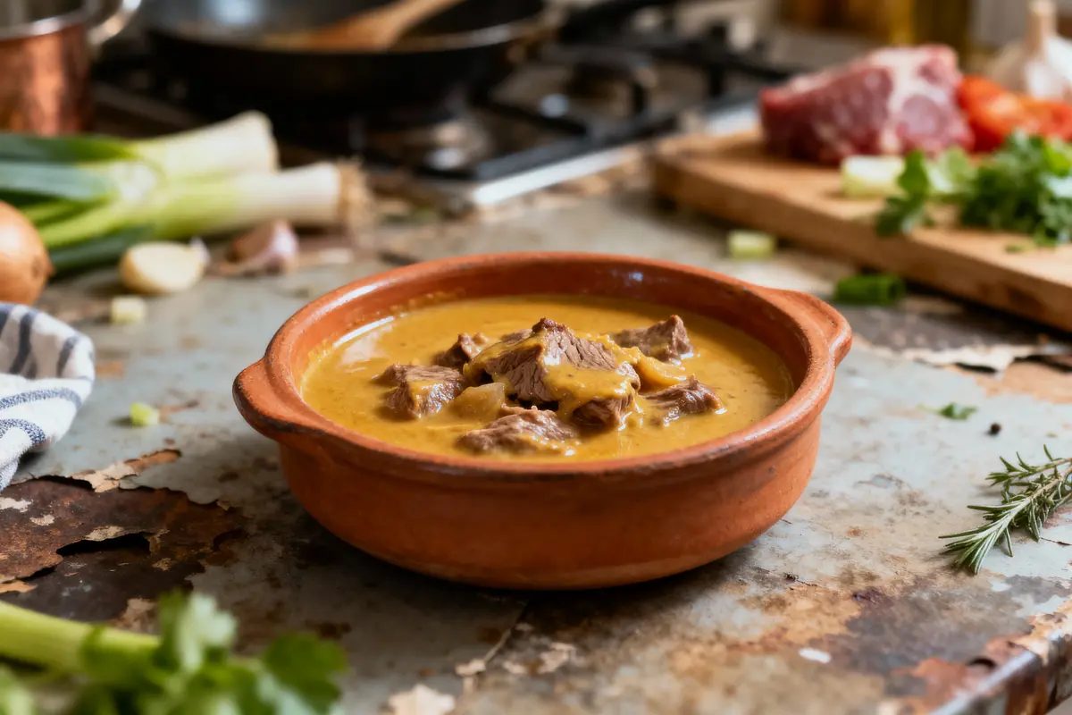 Bol en terre cuite avec ragoût de viande en sauce, cuisine rustique en arrière-plan.