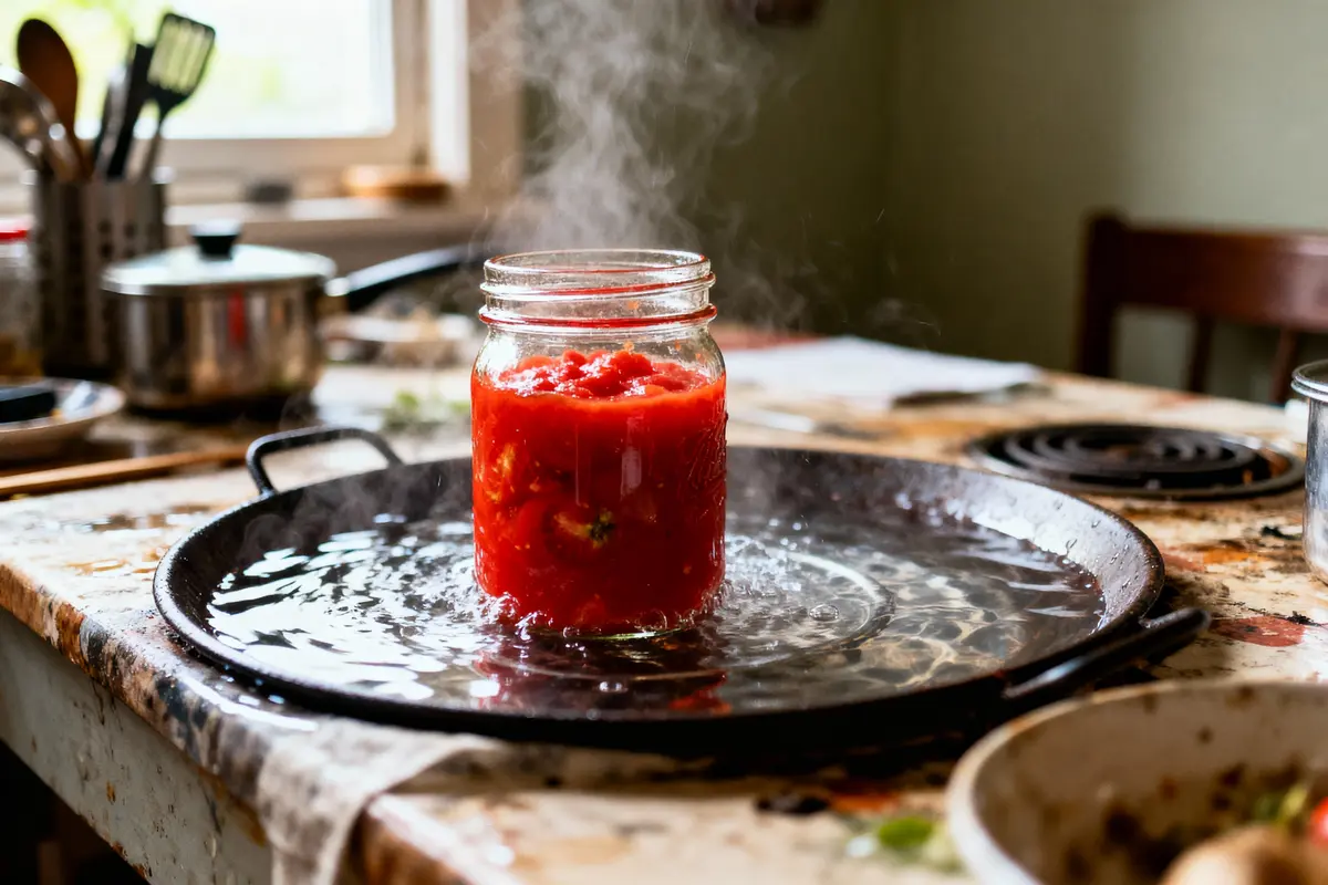 Un bocal de sauce tomate fumante repose dans une poêle chaude, sur une table de cuisine.