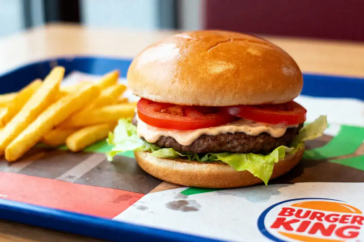 Un hamburger avec laitue et tomate, accompagné de frites sur un plateau Burger King.