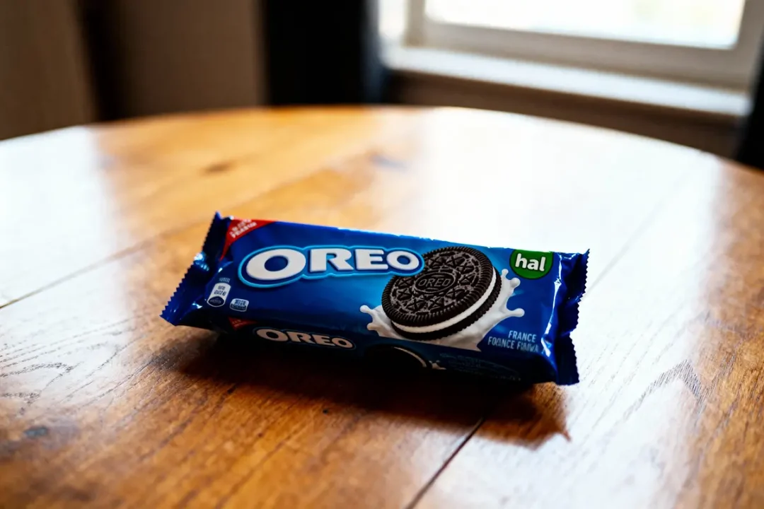 Paquet de biscuits Oreo sur une table en bois, éclairage naturel, ambiance chaleureuse.
