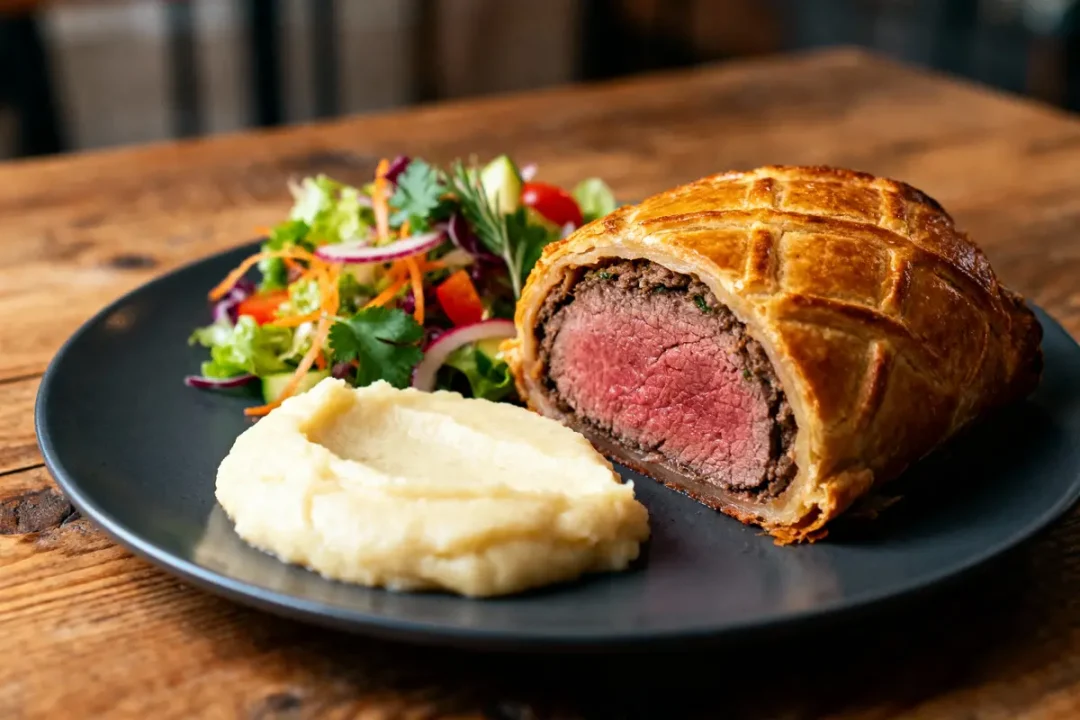 Bœuf Wellington avec purée et salade colorée sur une assiette noire, table en bois.