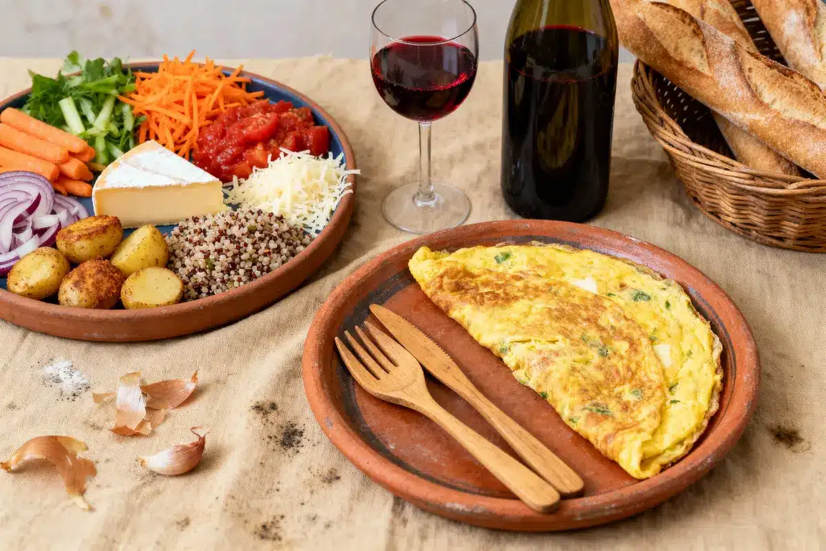 Assiette d'omelette avec légumes, fromage, pain, vin rouge, ustensiles en bois sur table beige rustique.