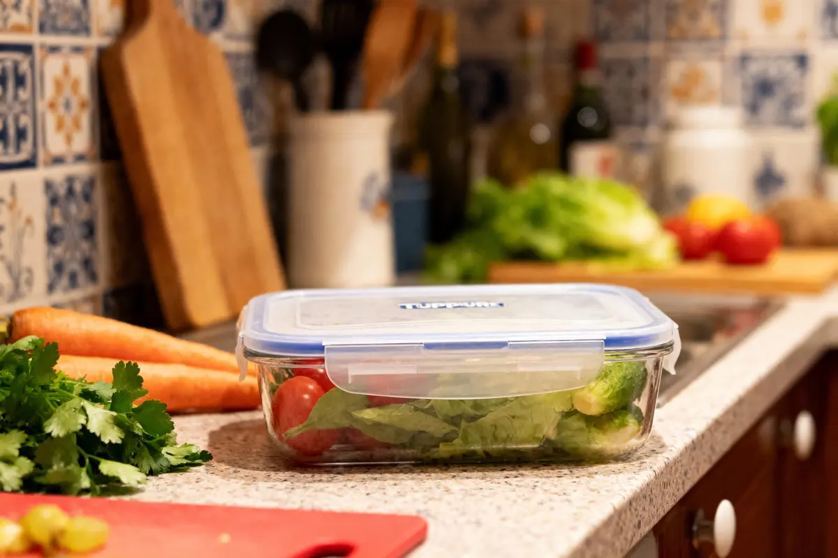 Boîte en plastique contenant salade et tomates sur plan de travail cuisine, avec carottes et coriandre.