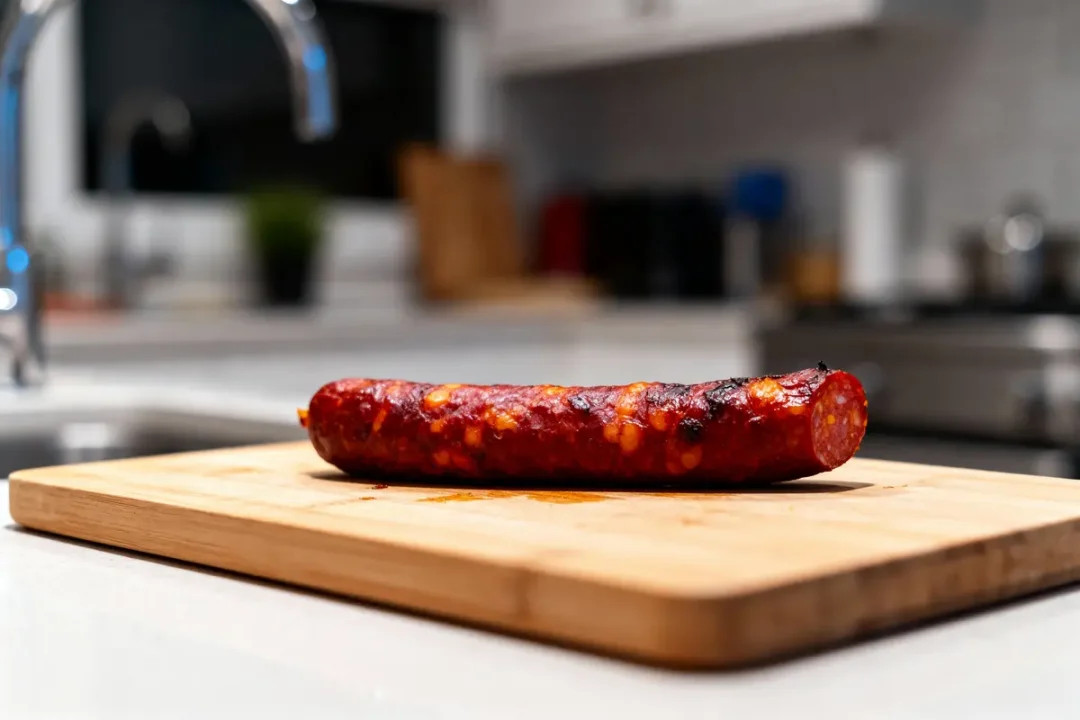 Saucisse cuite posée sur une planche à découper en bois, cuisine en arrière-plan flou.