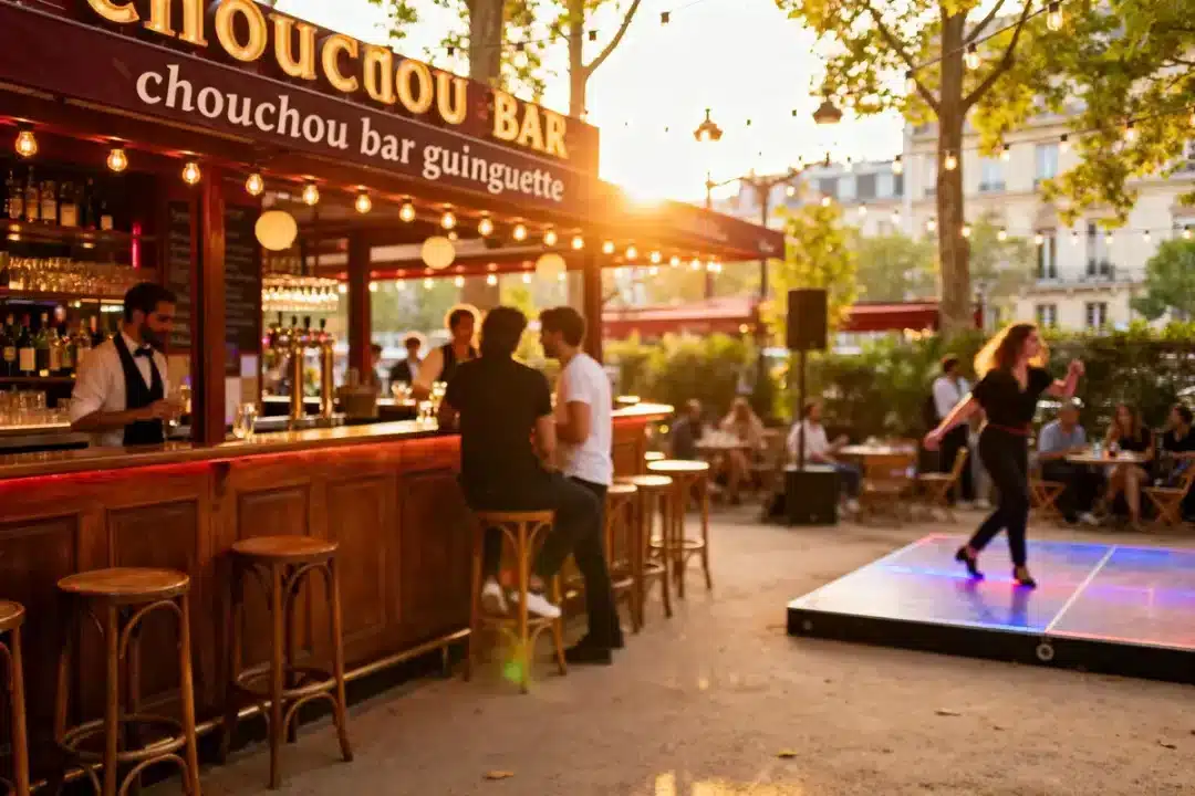 Bar extérieur au coucher du soleil avec personnes assises, barman, et une femme dansant sur une piste éclairée.