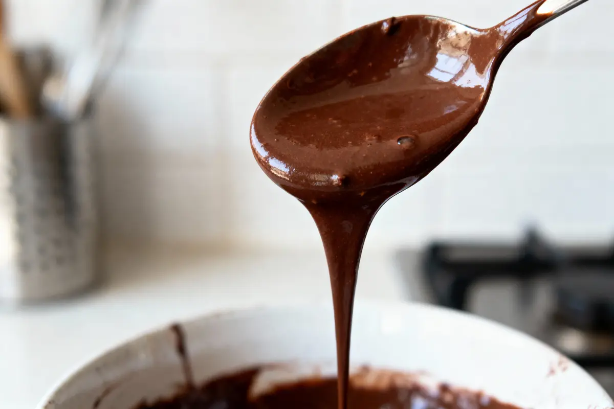 Cuillère avec pâte à gâteau chocolaté liquide versée dans un bol blanc, cuisine en fond.