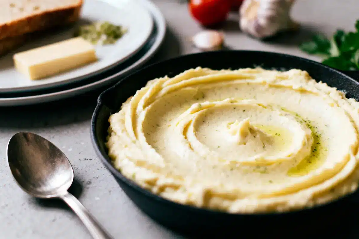 Purée de pommes de terre crémeuse dans un bol noir, avec du beurre et du pain en arrière-plan.