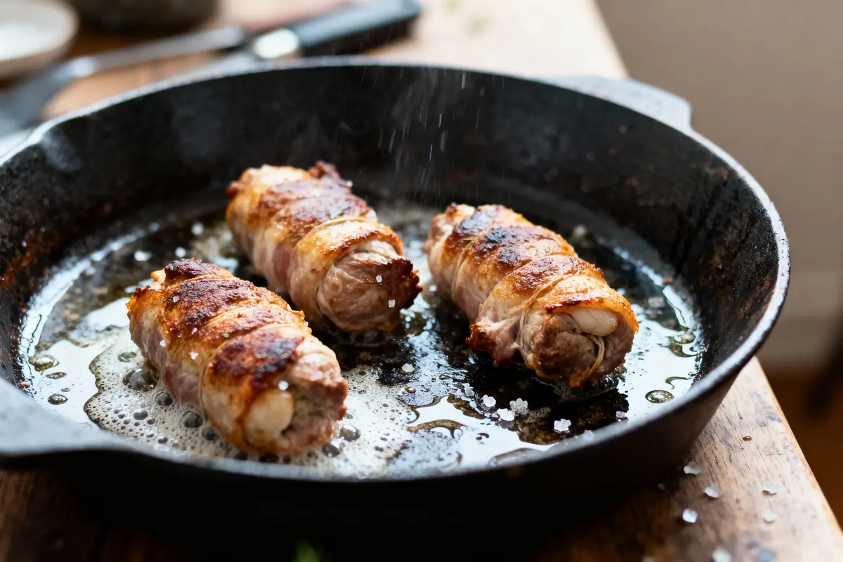 Trois roulades de viande rôties dans une poêle en fonte avec huile et sel.