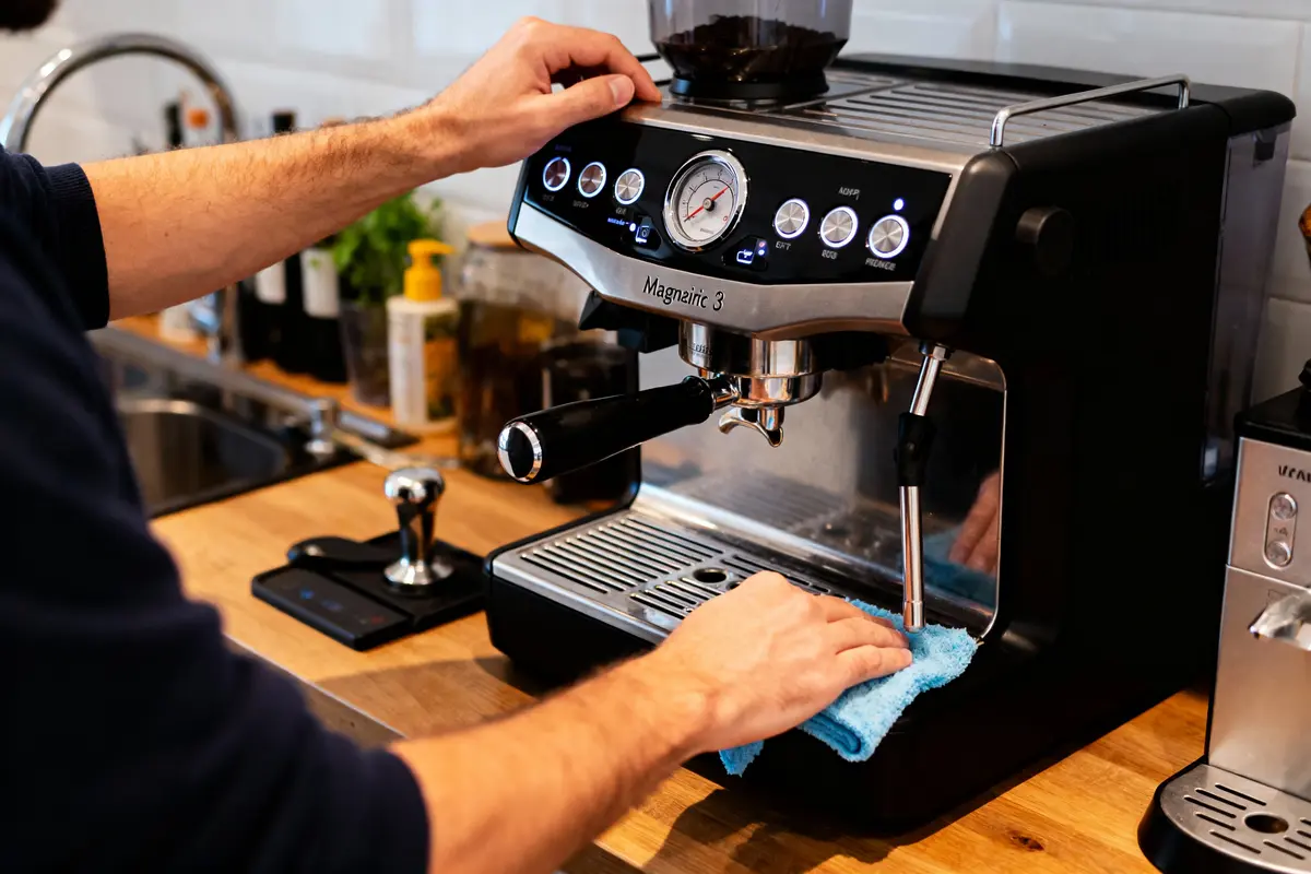 Personne nettoyant une machine à café sur un plan de travail en bois, entourée d'ustensiles de cuisine.