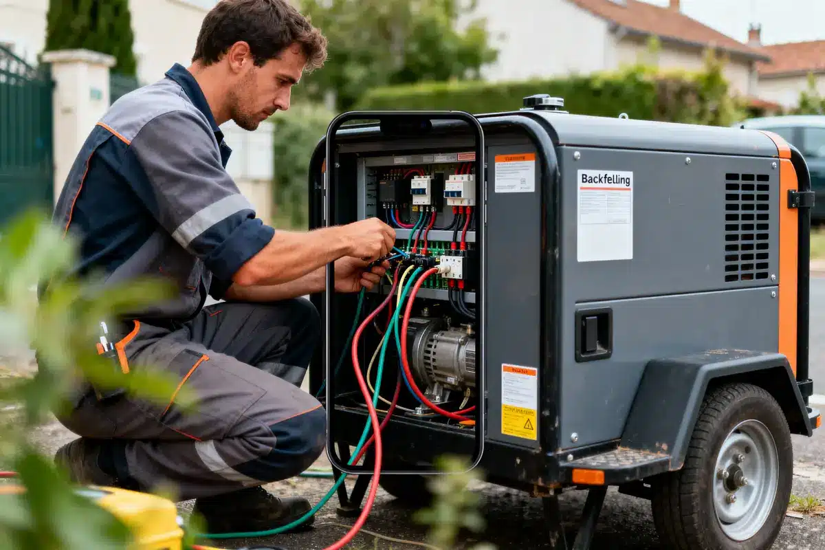 Homme en combinaison inspectant les fils d'un générateur portable ouvert en extérieur, concentration visible.